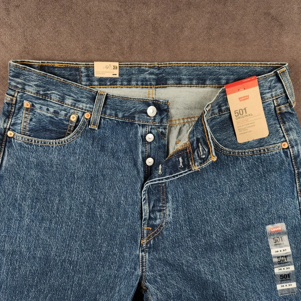 Levis 501 Original‎ Jeans Mens 36x30 Blue Dark Wash Straight Leg Button Fly NEW